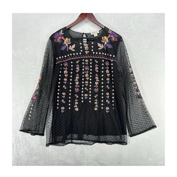 Style & Co Long Sleeve Floral Embroidered Sheer Boho Tunic Blouse Black SZ M - Picture 2 of 5
